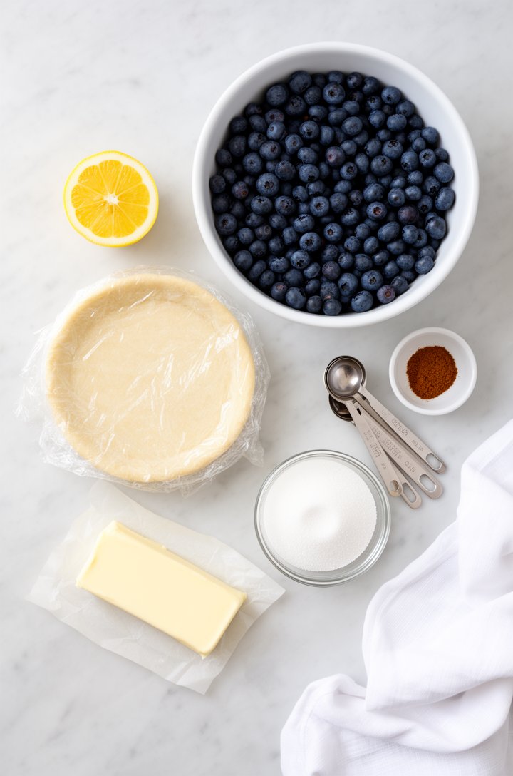 Overhead flat-lay of blueberry pie ingredients arranged on a light marble surface — a large white bowl overflowing with fresh plump blueberries, a disc of pale chilled pie dough wrapped in plastic, a 