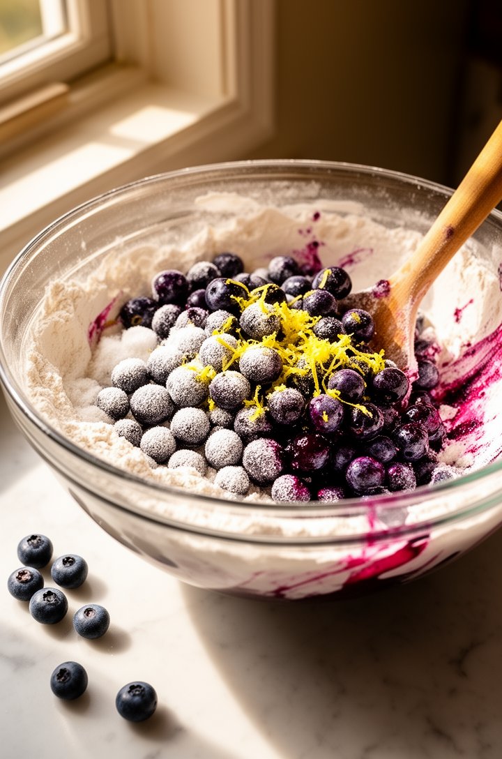Close-up 45-degree angle shot of fresh blueberries being tossed in a large glass mixing bowl with sugar, flour, and cornstarch, some berries gently burst showing deep purple juice streaking through th