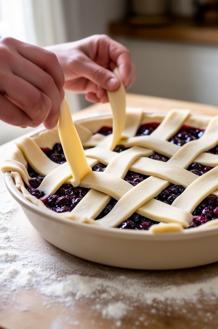 Side-angle close-up of hands weaving strips of pale pie dough into a lattice pattern over a deep-dish pie filled with dark purple-blue blueberry filling in a light-colored ceramic pie dish, flour dust