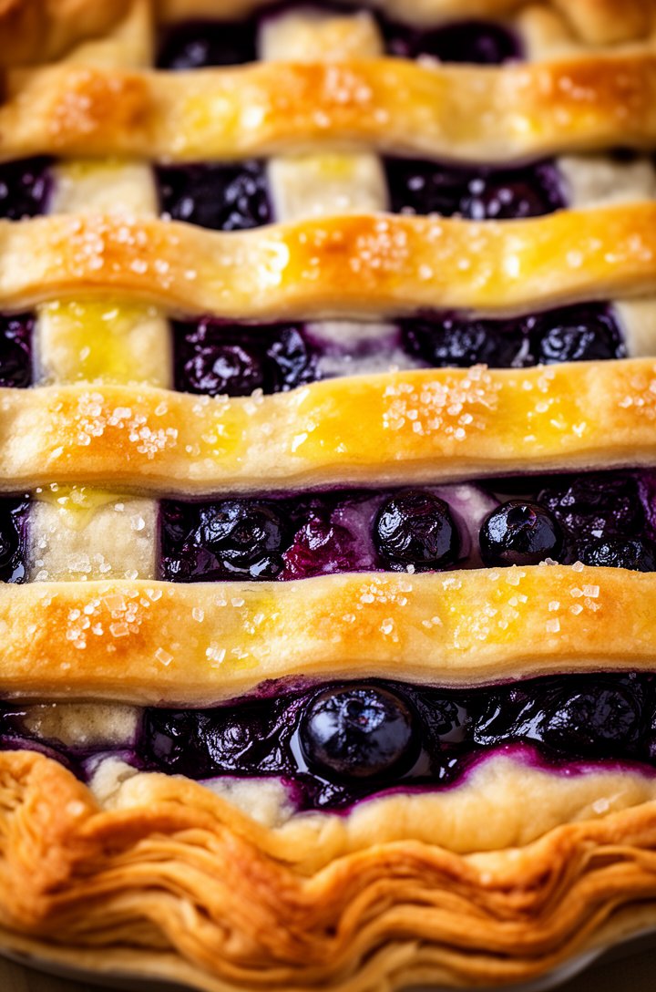 Extreme close-up macro shot of a freshly baked blueberry pie lattice crust from directly above, golden-brown pastry strips glistening with egg wash, coarse sugar crystals catching the light, deep purp