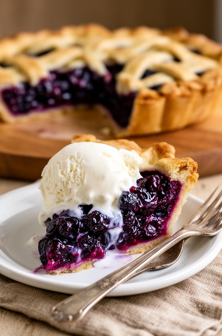 45-degree angle shot of a slice of blueberry pie on a small white ceramic plate with a vintage fork, the slice showing distinct layers — flaky golden-brown crust on bottom, thick jammy deep-purple blu