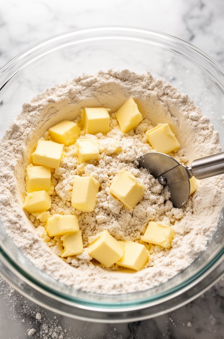 Overhead shot of cold cubed butter pieces scattered across a mound of flour in a large glass mixing bowl, some butter pieces still visible as distinct pale yellow cubes while others are partially worked into the flour creating a coarse crumbly texture, a pastry cutter resting in the bowl, light dusting of flour on the marble countertop around the bowl, bright diffused natural lighting from above