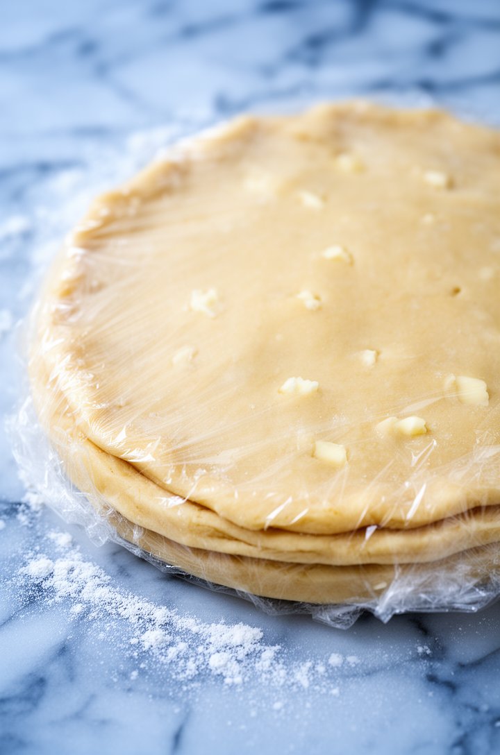 Close-up of two flattened discs of raw pie dough wrapped tightly in clear plastic wrap sitting on a marble surface, the pale golden dough showing small flecks of butter visible through the wrap, a light dusting of flour on the marble, cool blue-toned natural lighting suggesting refrigerator readiness