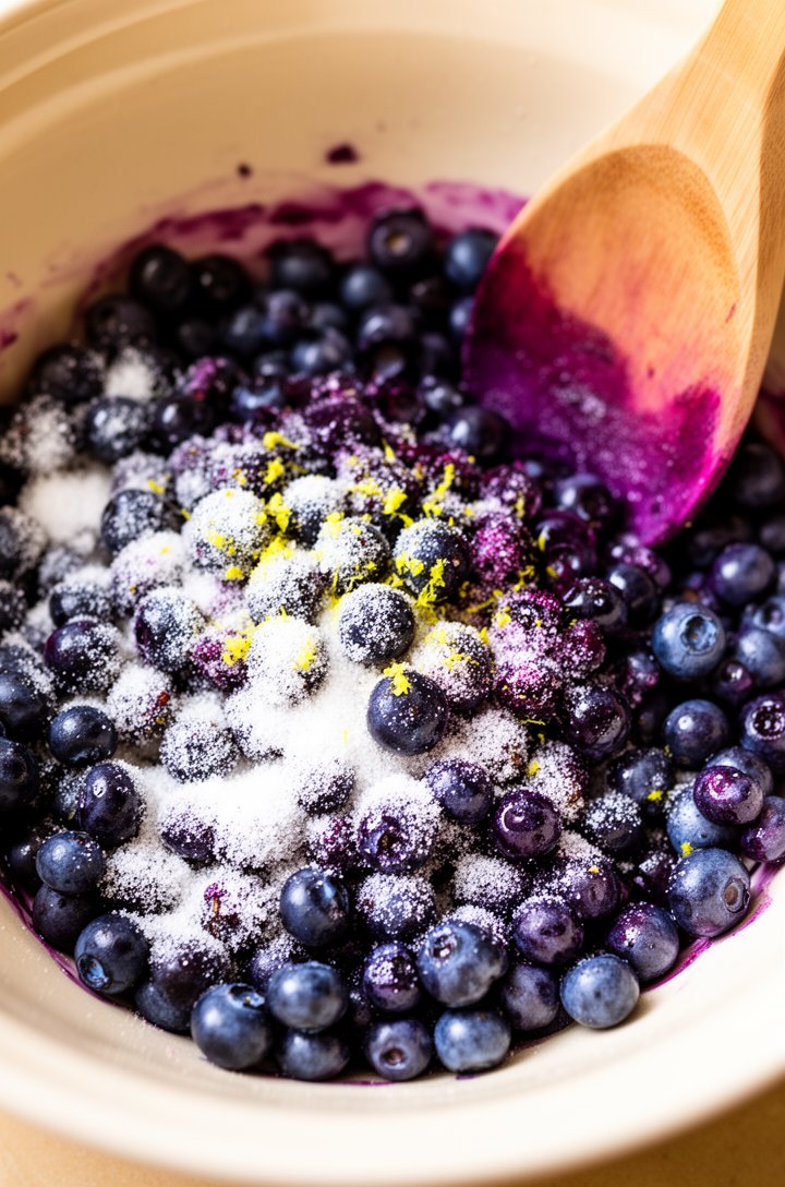 Overhead shot of 6 cups of fresh blueberries mixed with sugar and cornstarch in a large bowl, the berries coated in a thin white layer with a few burst open showing deep purple juice mixing into the dry ingredients, lemon zest flecks visible throughout, a wooden spoon with purple-stained tip resting against the bowl rim, bright natural window lighting