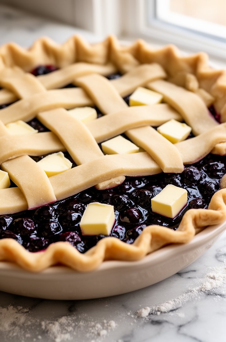 Side-angle shot of a raw assembled pie in a ceramic dish showing the bottom crust filled with blueberry mixture, small cubes of butter dotted across the top of the filling, the unbaked lattice crust just laid on top with strips carefully woven, the crimped edges pinched neatly around the rim, soft natural lighting from a nearby window, flour-dusted marble surface visible
