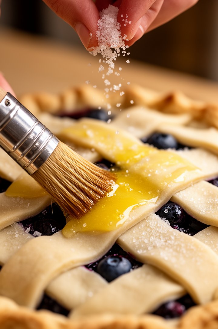 Close-up of a pastry brush applying golden egg wash over the raw lattice crust of the unbaked pie, the wet sheen visible on the brushed strips contrasting with the matte unbrushed ones, coarse sugar being pinched and sprinkled from fingers visible at the top of the frame, warm kitchen lighting