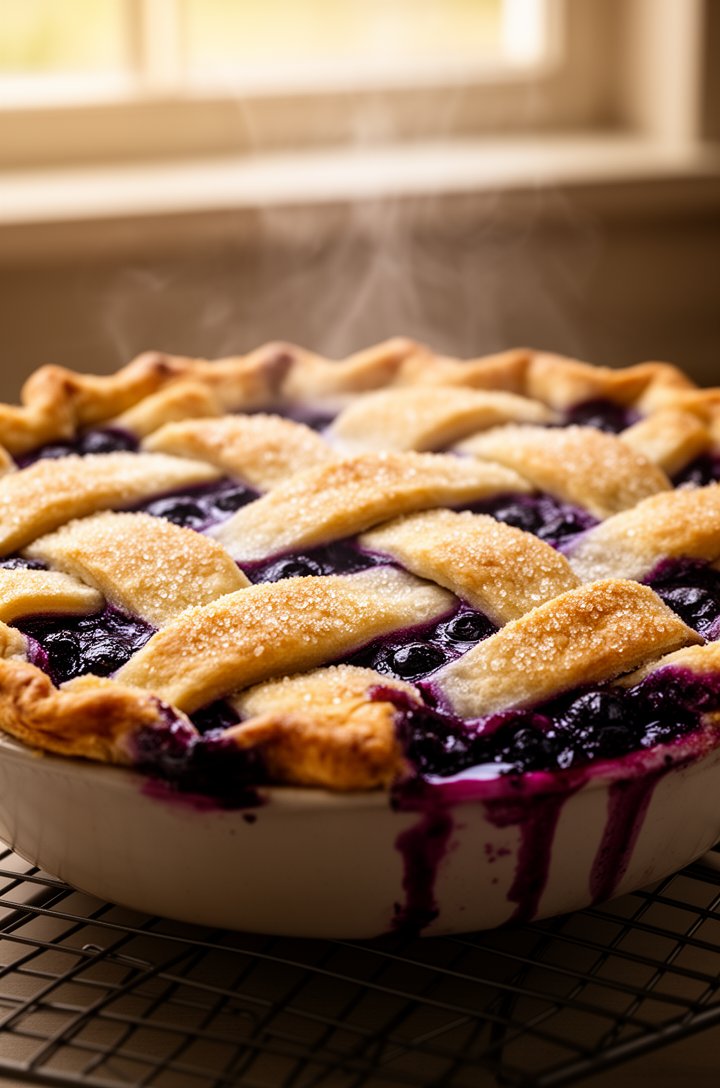 Front-facing shot of a whole baked blueberry pie on a wire cooling rack, the lattice crust deep golden brown with coarse sugar glistening, thick purple-blue filling bubbling up between the strips and slightly caramelized at the edges, wisps of steam rising, warm ambient kitchen lighting with a window in the soft background, the pie dish showing berry juice that bubbled over slightly on one edge