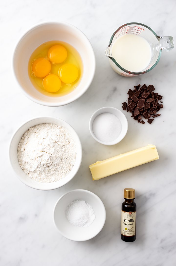 Overhead flat-lay of Boston Cream Pie ingredients arranged on a white marble surface — a bowl of golden egg yolks, a measuring cup of whole milk, a small pile of chopped dark chocolate, a bowl of whit