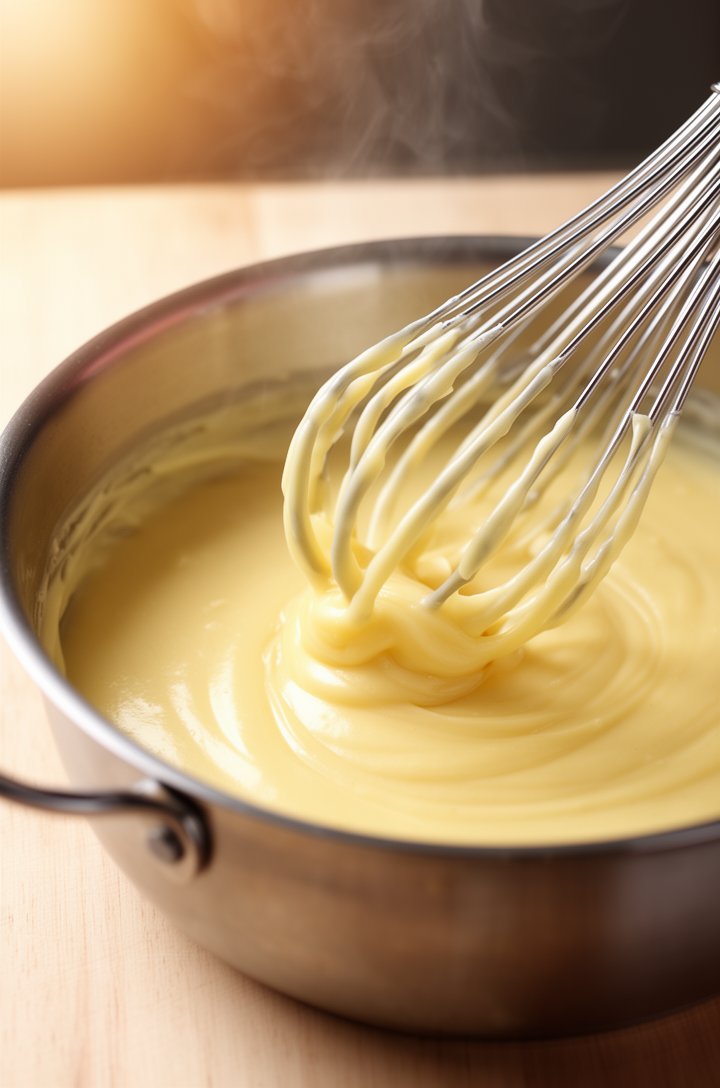 Close-up side-angle shot of a whisk stirring thick, glossy pale yellow pastry cream in a stainless steel saucepan, the cream coating the whisk thickly and falling in slow ribbons back into the pot, st