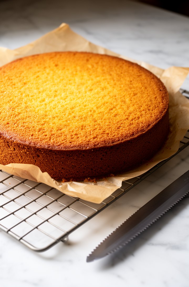 45-degree angle shot of a golden-brown sponge cake cooling on a wire rack, the cake has a perfectly flat top and golden even crumb visible on the surface, parchment paper partially peeled away from th