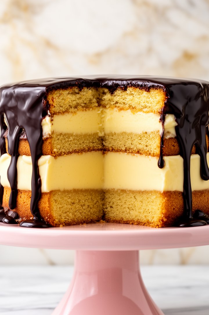 Close-up straight-on side view of the assembled Boston Cream Pie showing all three layers in cross-section — golden sponge cake bottom layer, thick generous band of pale yellow pastry cream in the mid