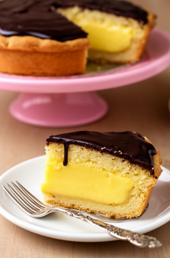 Overhead 45-degree angle shot of a clean slice of Boston Cream Pie on a small white plate with a vintage dessert fork, showing the distinct layers — golden cake, thick yellow custard, dark chocolate g