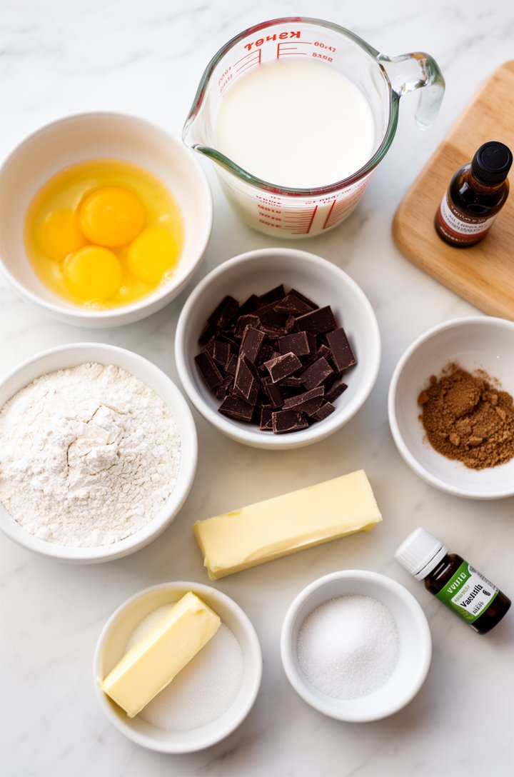 Overhead flat-lay of all Boston Cream Pie ingredients measured and arranged in small white ceramic bowls on a white marble surface — golden egg yolks in one bowl, whole milk in a glass measuring cup, chopped dark bittersweet chocolate on a cutting board, white flour and sugar in separate bowls, a stick of butter, cornstarch in a small dish, and vanilla extract bottle, bright natural window lighting from above casting soft shadows, clean and organized mise en place style