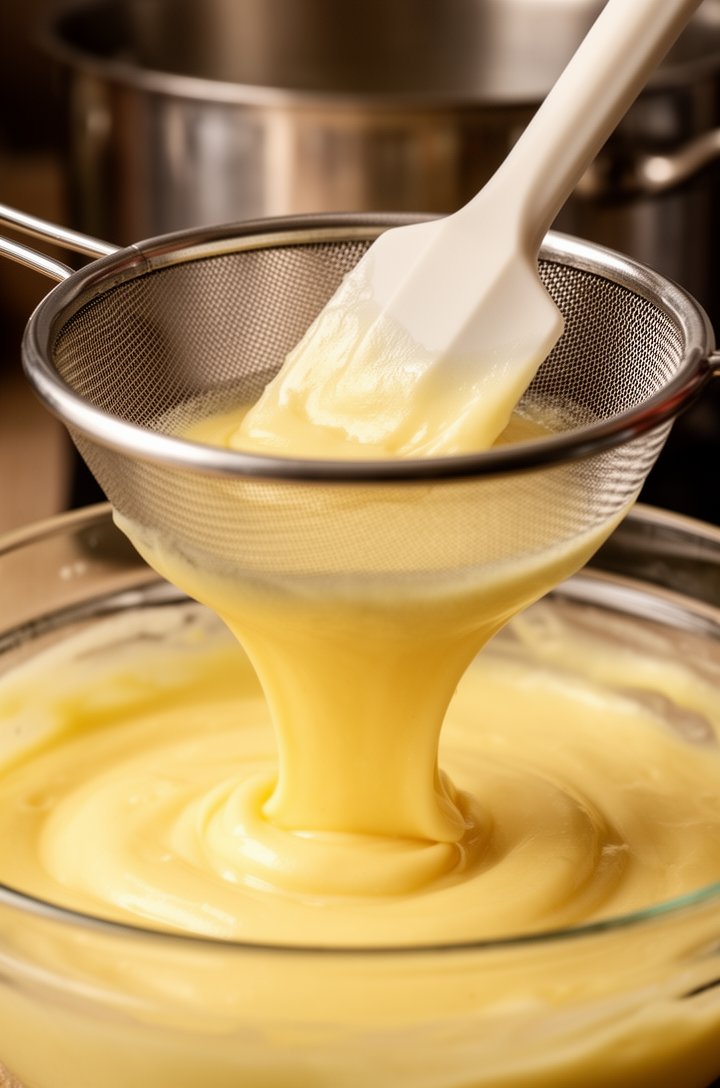 Close-up shot of thick pale yellow pastry cream being strained through a fine mesh sieve into a glass bowl, the cream falling in a glossy thick stream, a silicone spatula pressing it through, warm kitchen lighting, stainless steel saucepan visible in the background slightly blurred, shallow depth of field, professional food photography