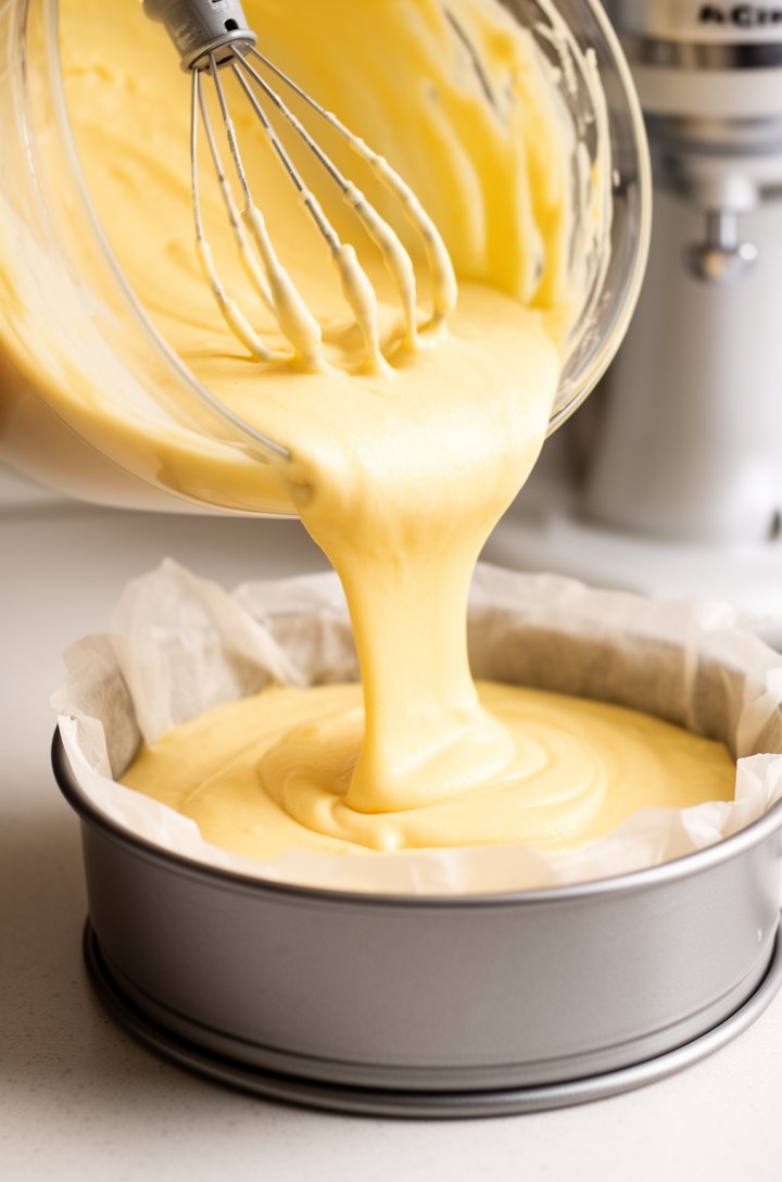 Side-angle shot of pale yellow cake batter being poured from a stand mixer bowl into a parchment-lined 8-inch round cake pan, the batter flowing in a thick smooth ribbon, the stand mixer and whisk attachment visible in the soft-focus background, bright natural lighting on a light countertop, professional baking photography