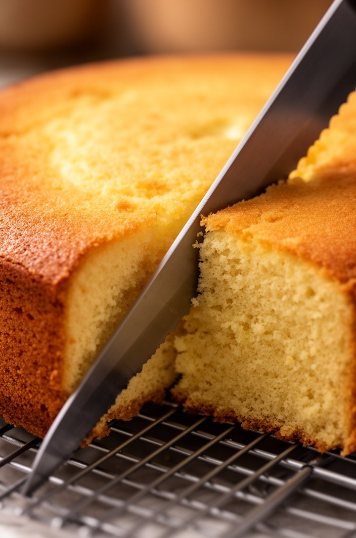Straight-on close-up of the golden-brown baked sponge cake being sliced horizontally in half with a long serrated knife, the fine even crumb texture clearly visible on the cut surface, the knife halfway through the cake on a wire rack, warm side lighting highlighting the golden color and delicate texture, shallow depth of field