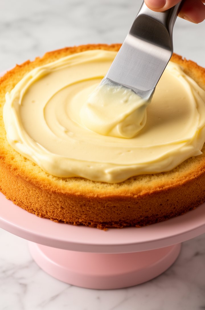 45-degree angle shot of pastry cream being spread with an offset spatula over the bottom sponge cake layer on a pale pink cake stand, the thick pale yellow cream spreading evenly across the golden cake surface, a generous 1-inch thick layer visible from the side, clean white marble background, warm natural lighting from the left