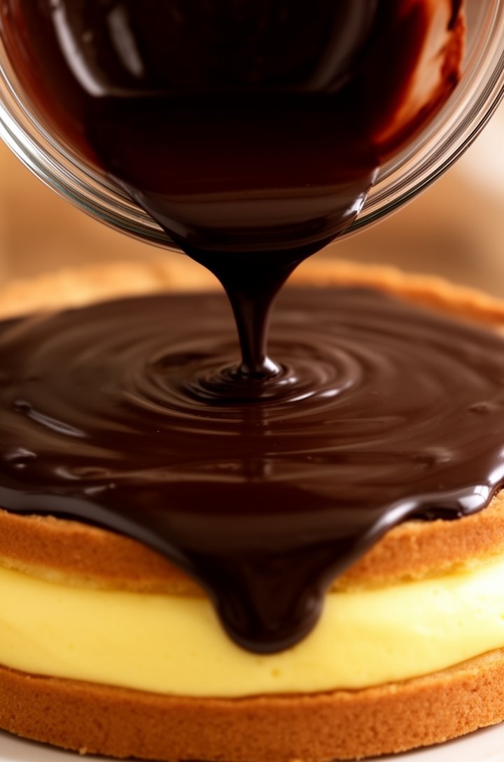 Close-up overhead shot of glossy dark chocolate ganache being poured from a glass bowl onto the center of the assembled Boston Cream Pie, the ganache flowing in a thick dark river across the top cake layer and just beginning to cascade over the edge, the pale yellow pastry cream visible in the gap between layers, warm lighting creating a mirror-like sheen on the chocolate surface, professional food photography