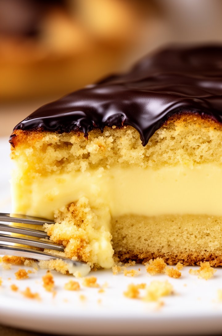 Extreme close-up macro shot of a single slice of Boston Cream Pie on a white dessert plate, fork cutting through revealing all three distinct layers — golden tender sponge cake with fine crumb on top and bottom, thick band of silky pale yellow pastry cream in the center, glossy dark chocolate ganache draped over the top edge, crumbs scattered on the plate, warm natural side lighting, shallow depth of field with creamy background bokeh, professional food blog photography