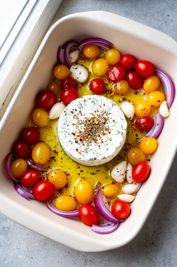 Overhead close-up of a 9x13 ceramic baking dish with an unwrapped round of Boursin garlic and herb cheese sitting in the center, surrounded by glossy red and yellow cherry tomatoes, thin slices of pur