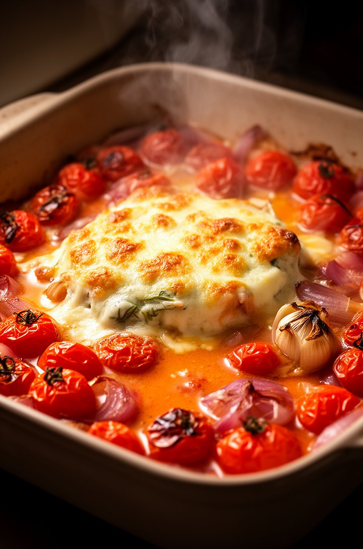Close-up angled shot inside the baking dish after 30 minutes of roasting, showing the Boursin cheese melted and golden-brown on top with blistered burst cherry tomatoes surrounding it, their juices po