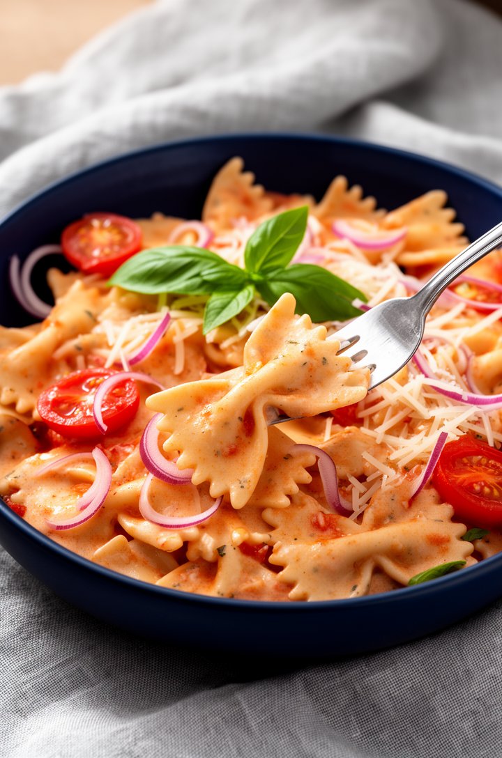 Extreme close-up of finished boursin cheese pasta served in a dark navy ceramic bowl, creamy farfalle bow-tie pasta pieces coated in creamy tomato-herb sauce with burst cherry tomato halves scattered 
