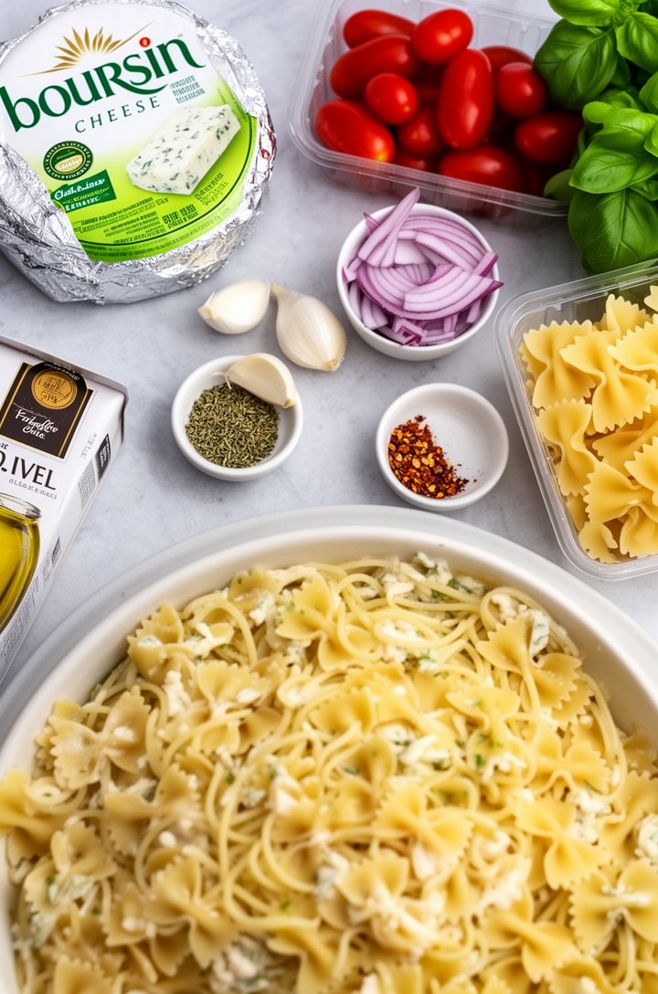 Overhead flat-lay of all ingredients arranged on a light gray marble surface: a round of Boursin cheese in its foil wrapper partially opened, two pints of red cherry tomatoes in their containers, a small bowl of sliced red onion, three garlic cloves, a bottle of olive oil, small pinch bowls of dried oregano and red pepper flakes, a box of farfalle pasta, and a bundle of fresh basil, bright even natural lighting from above