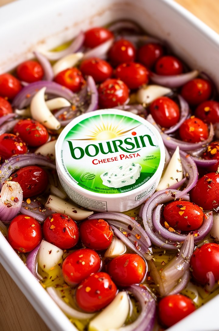 Close-up overhead shot of the assembled baking dish before going in the oven, Boursin cheese wheel placed in the center of a white ceramic 9x13 dish surrounded by a sea of shiny red cherry tomatoes, purple-red onion slices, and garlic cloves, everything glistening with olive oil and seasoned with visible red pepper flakes and oregano, bright natural lighting
