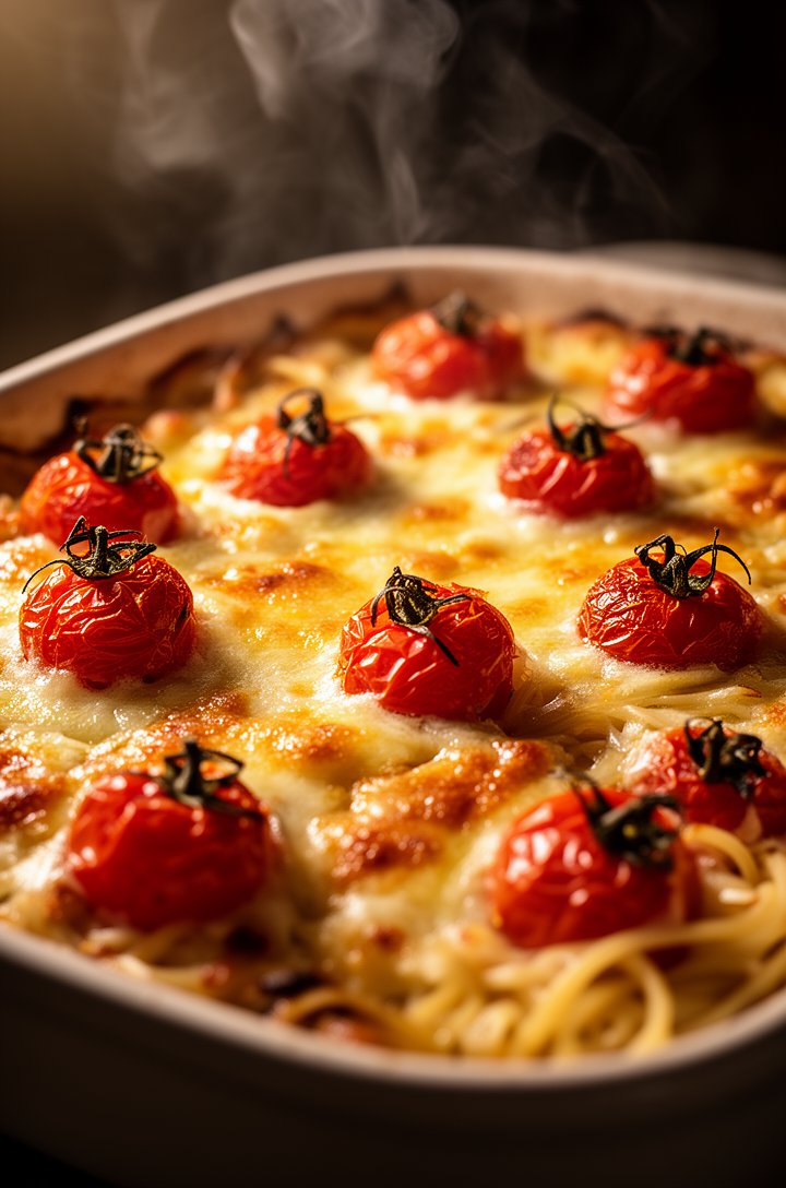 Close-up of the baking dish fresh from the oven showing burst blistered cherry tomatoes with their skins splitting open, the Boursin cheese completely melted and golden-tinged on top, juices pooling in the dish creating a natural sauce, wisps of steam rising, warm dramatic side lighting highlighting the caramelized edges