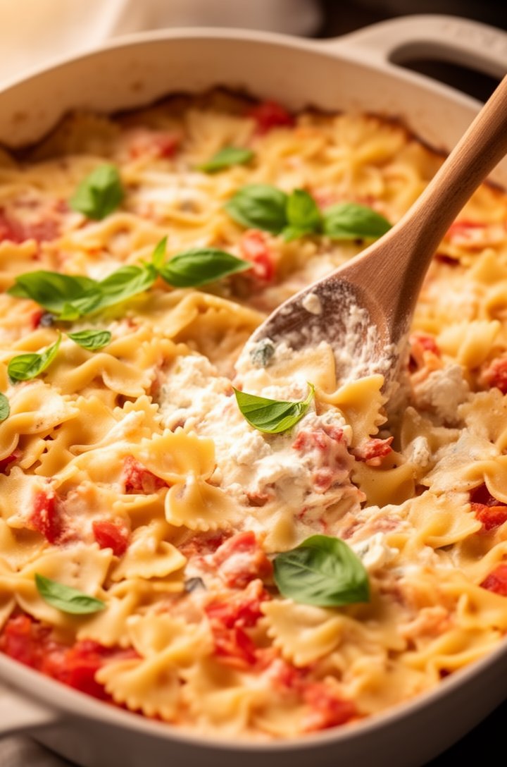 Action shot of cooked farfalle pasta being tossed into the baking dish with the burst tomato and melted Boursin sauce, a wooden spoon mid-stir showing the creamy sauce coating the bow-tie pasta pieces, fresh sliced basil being scattered on top, the dish filling the frame, warm kitchen lighting from the left side