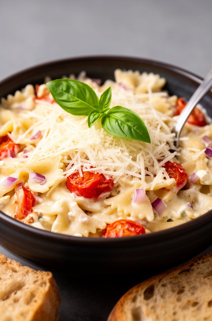 Finished boursin cheese pasta plated in a dark ceramic bowl from a 45-degree angle, creamy sauce-coated farfalle with burst tomatoes and red onion visible throughout, topped with fresh green basil leaves and a generous shower of freshly grated Parmesan cheese, a fork resting in the bowl, crusty bread slices visible at the edge, warm natural lighting with a soft gray background