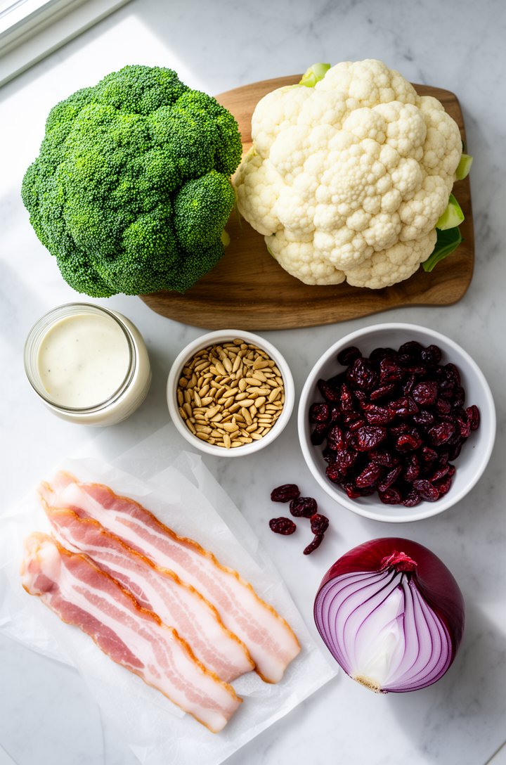 Overhead flat-lay of broccoli cauliflower salad ingredients arranged on a light marble surface — a head of bright green broccoli and a creamy white cauliflower head on a wooden cutting board, a small 