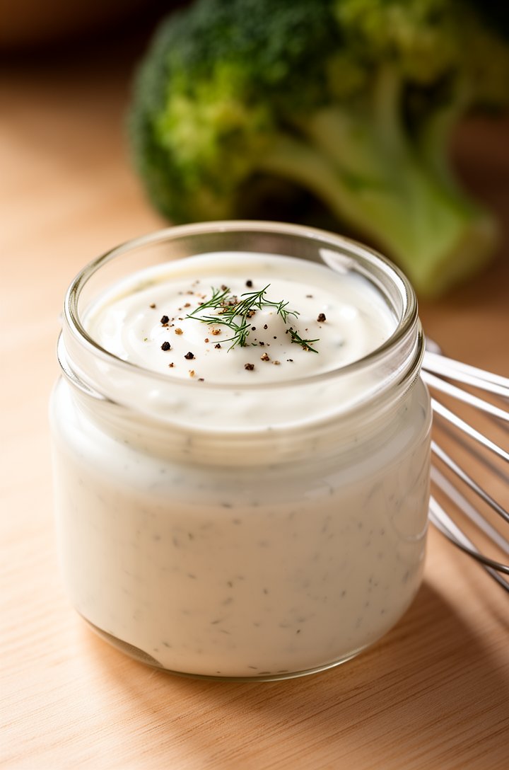 Close-up three-quarter angle of a small glass jar filled with creamy white mayo-based dressing, a whisk resting beside it on a light wood surface. Tiny specks of dried dill and black pepper visible in