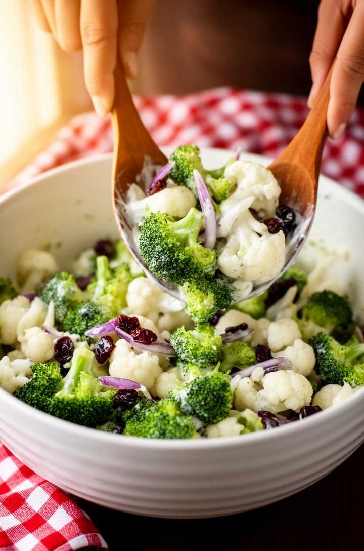 Side-angle close-up of hands tossing broccoli and cauliflower florets with creamy dressing in a large white ceramic bowl using wooden salad servers. The florets are small and uniform, coated in a glos
