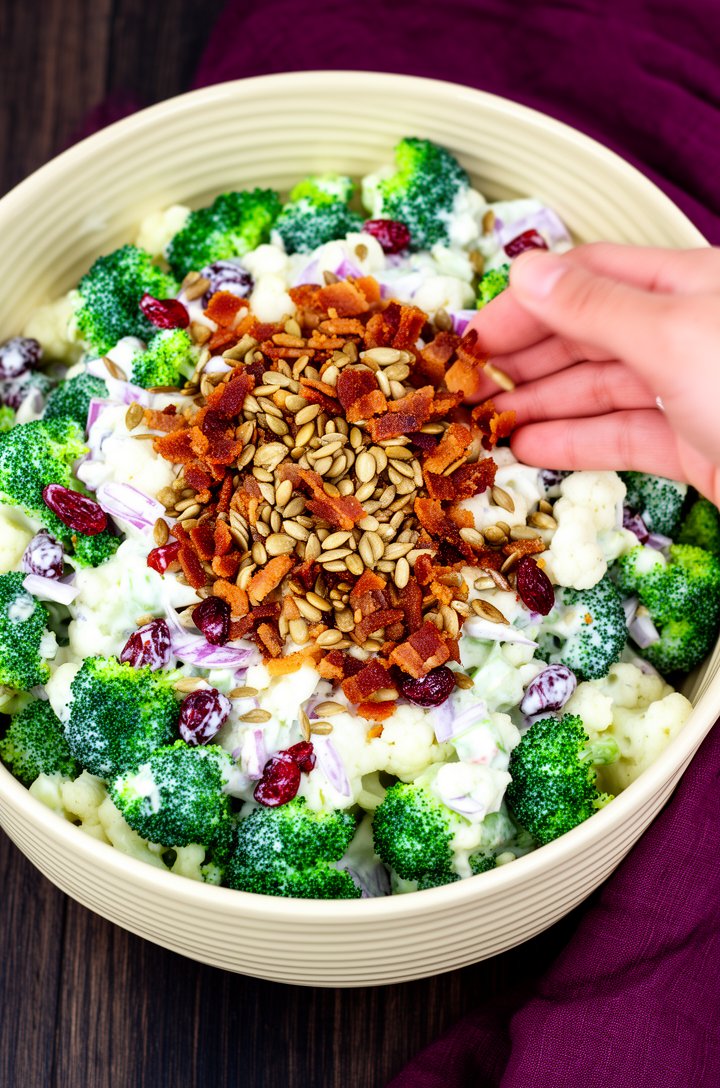 Overhead close-up of the finished broccoli cauliflower salad in a large cream-colored ribbed ceramic bowl on a dark wood surface. Golden-brown bacon crumbles and roasted sunflower seeds are being scat