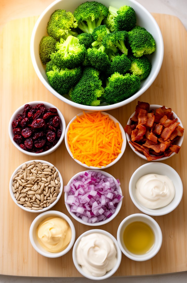 Overhead flat-lay of all broccoli salad ingredients arranged in separate small white bowls on a light wooden cutting board — bright green broccoli florets in the largest bowl, a bowl of thick-shredded