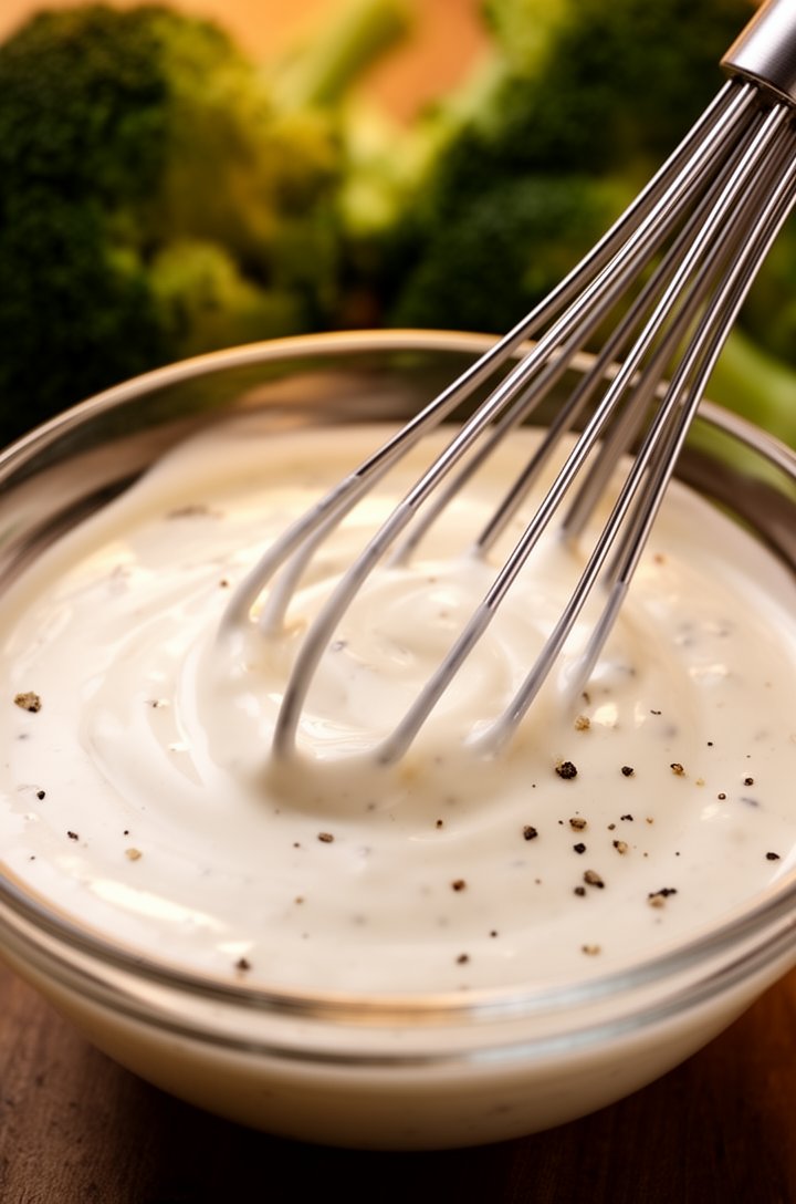 Close-up 45-degree angle shot of a small glass bowl with the creamy white dressing being whisked together with a silver whisk, showing the smooth glossy texture with tiny flecks of black pepper visibl