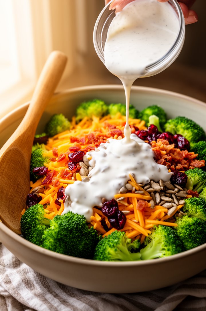 Action shot from a 45-degree angle of creamy dressing being poured from a small glass bowl over a large mixing bowl filled with bright green broccoli florets, orange cheddar shreds, red cranberries, g