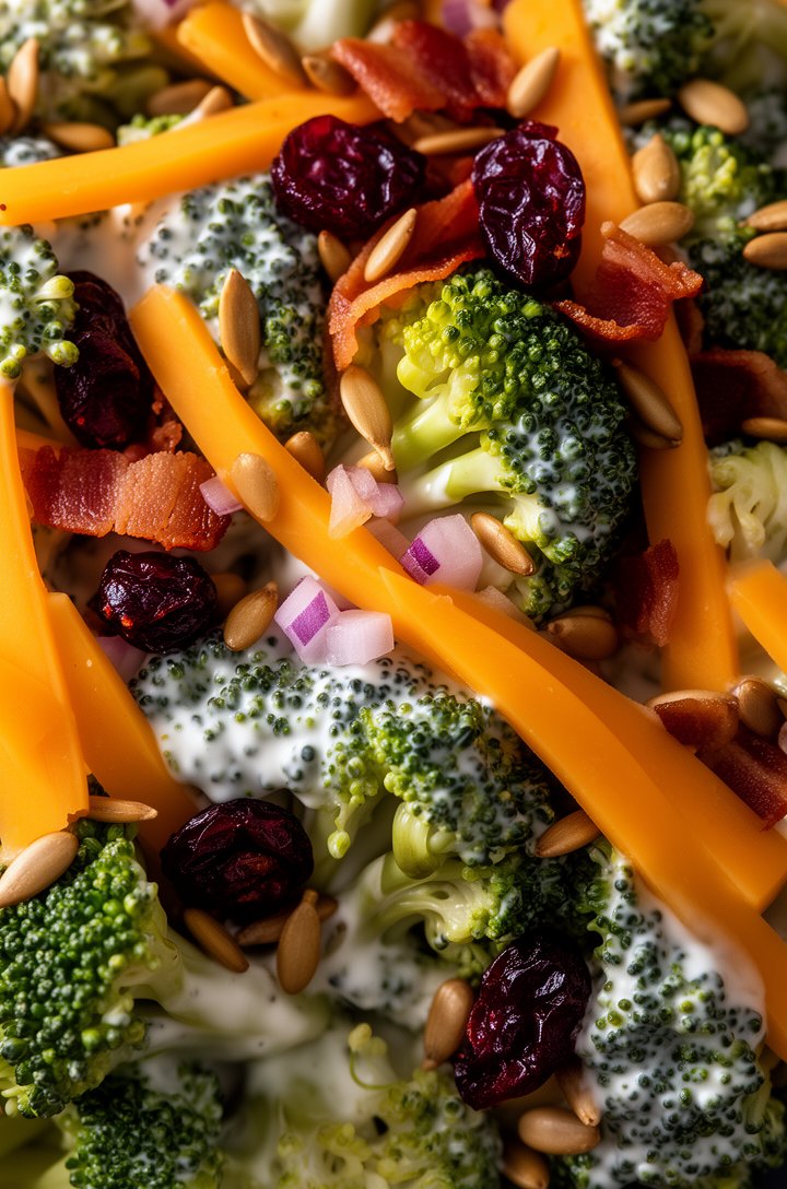 Extreme close-up macro shot of the finished broccoli salad from directly above, filling the entire frame — glistening broccoli florets coated in creamy white dressing, thick strips of bright orange ch