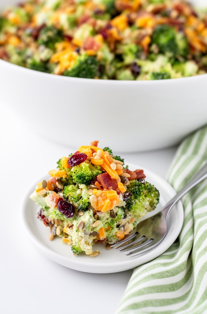 Side-angle shot of a generous single serving of broccoli salad on a small white plate with a silver fork, showing the cross-section with all the colorful mix-ins visible — green broccoli, orange chees