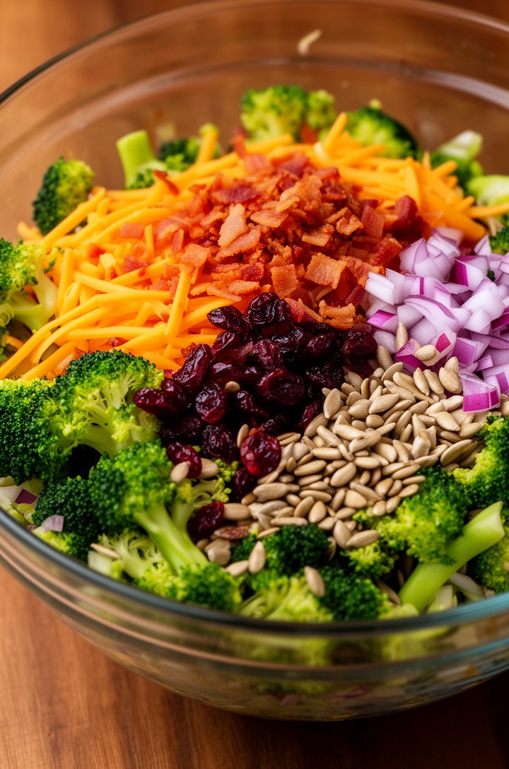 Close-up 45-degree angle shot of a large clear glass mixing bowl with broccoli florets, thick-shredded orange cheddar cheese, ruby-red dried cranberries, crispy golden-brown bacon crumbles, tan sunflower seeds, and tiny diced purple-red onion pieces — all unmixed and layered showing distinct colors and textures. Warm side lighting, wooden surface underneath