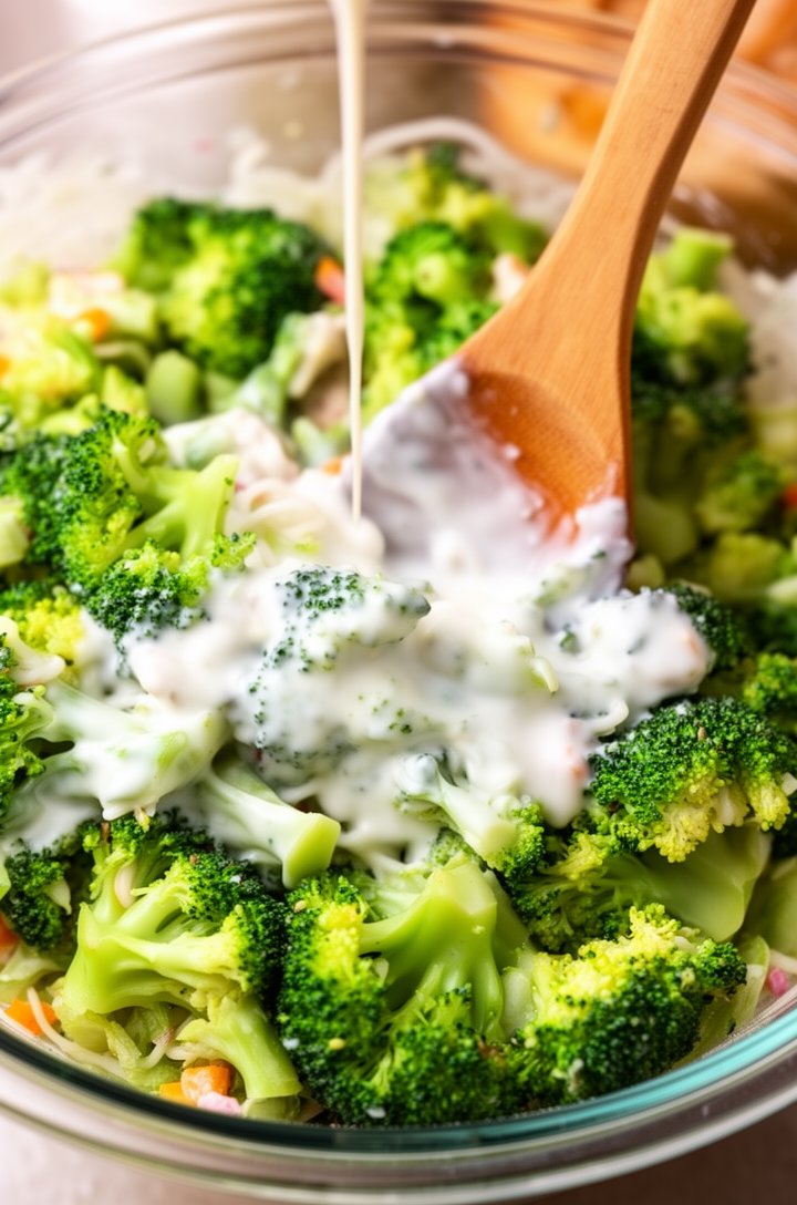 Overhead shot of the creamy dressing being drizzled over the colorful broccoli mixture in a large glass bowl, a wooden spoon beginning to toss the ingredients together, some florets already coated in white dressing while others are still bare, showing the before-and-after contrast in a single frame. Bright natural lighting