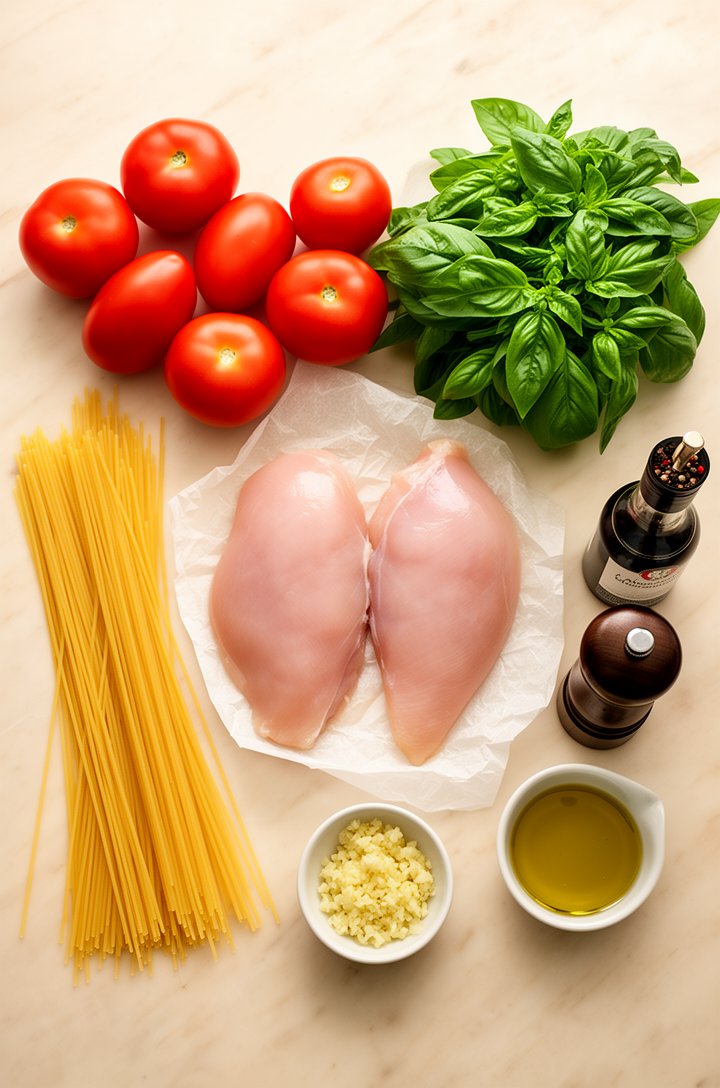 Overhead flat-lay of bruschetta chicken pasta ingredients arranged on a light marble surface — six whole Roma tomatoes, a bunch of fresh green basil, two raw chicken breasts on parchment paper, a bund
