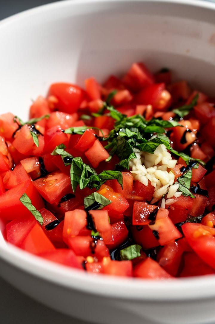 Close-up 45-degree angle shot of diced bright red Roma tomatoes mixed with torn green basil leaves and minced garlic glistening in a white ceramic bowl, a drizzle of balsamic vinegar visible as dark s