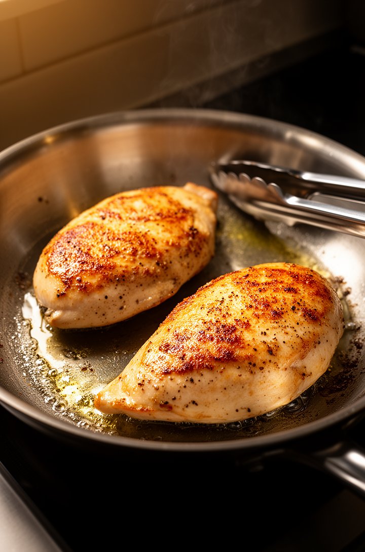 Side-angle dramatic shot of two seasoned chicken breasts searing in a stainless steel skillet, golden-brown Maillard crust visible on the surface facing the camera, oil shimmering around the edges, to