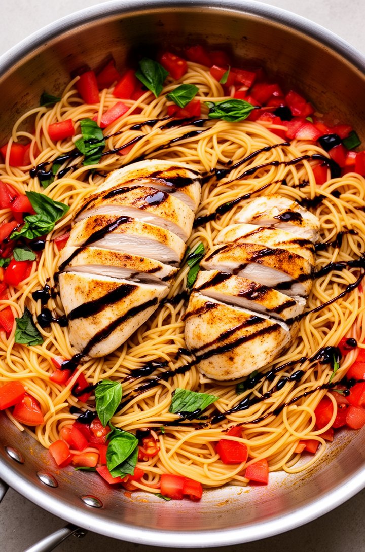 Overhead close-up shot of bruschetta chicken pasta in a large stainless steel skillet — golden angel hair pasta tossed with diced red tomatoes and torn basil, two sliced chicken breasts fanned on top 