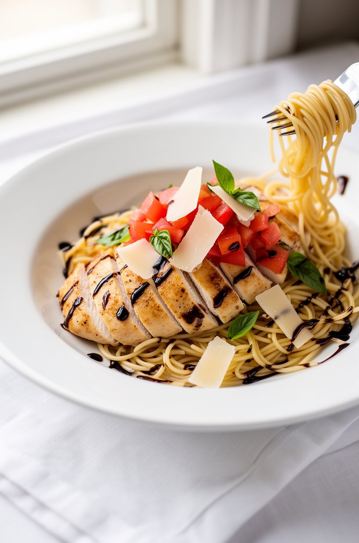 45-degree angle close-up of a single serving of bruschetta chicken pasta plated in a shallow white bowl, sliced chicken breast arranged over a twirl of angel hair pasta, diced tomatoes and basil piled