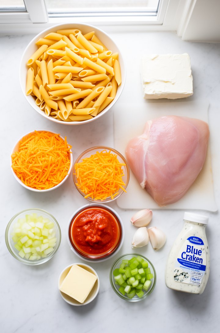 Overhead flat-lay of buffalo chicken pasta ingredients arranged on a white marble countertop: a bowl of raw penne pasta, a block of cream cheese, a pile of shredded orange cheddar cheese, a small glas