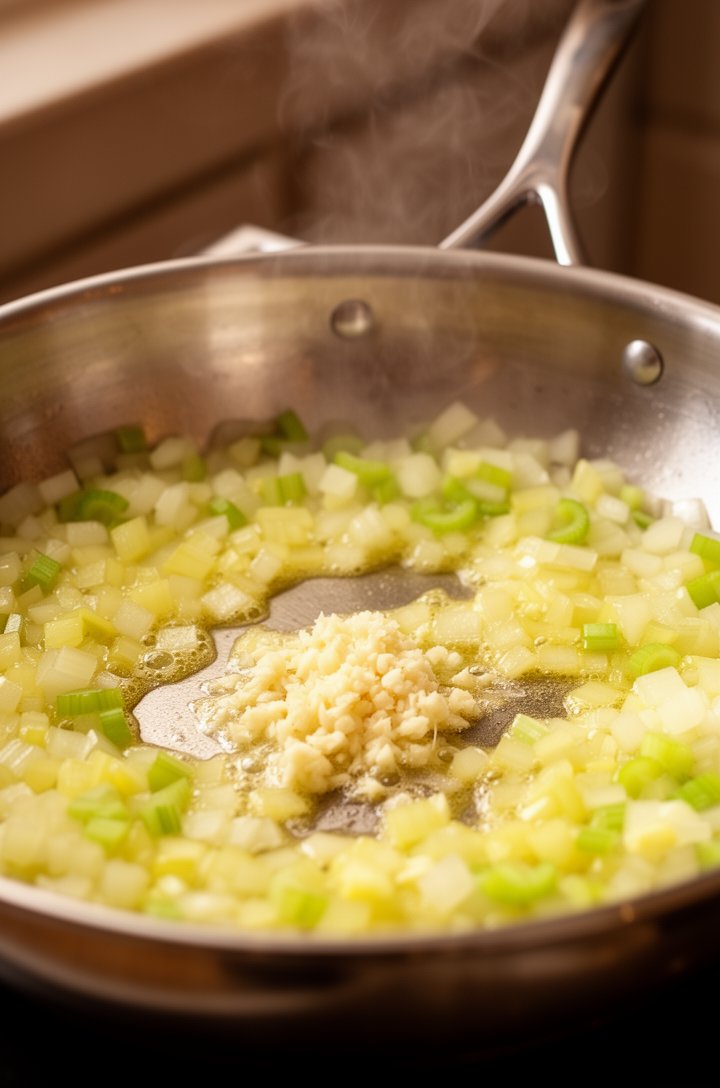 Close-up side-angle shot of diced yellow onion and celery sautéing in melted butter in a large stainless steel skillet, the vegetables turning translucent and slightly golden at the edges, minced garl
