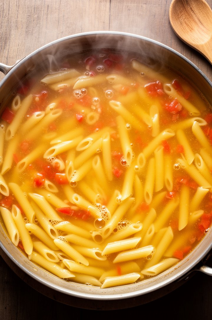 Overhead shot looking straight down into a large deep skillet filled with penne pasta submerged in simmering golden chicken broth with diced tomatoes visible throughout, small bubbles rising to the su